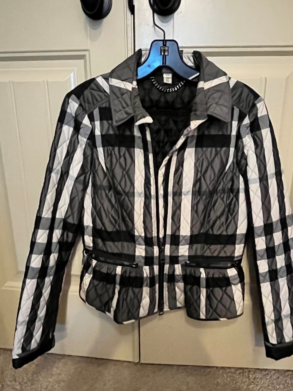 Burberry London Black White Plaid Quilted Fitted Peplum Jacket Size 6